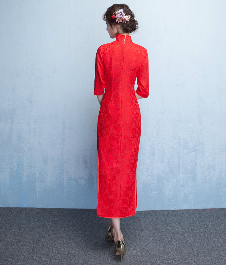 简约时尚中袖旗袍，复古红色旗袍裙