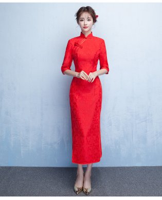 简约时尚中袖旗袍，复古红色旗袍裙