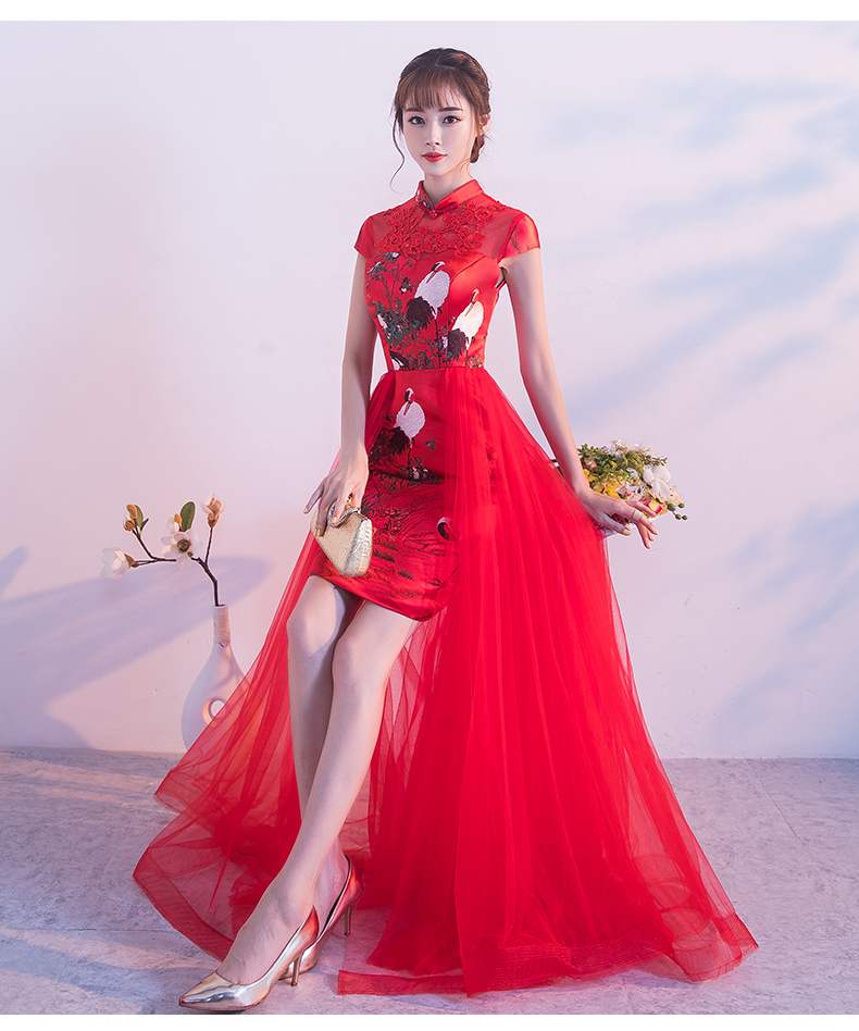 中国风红色蕾丝中式礼服，时尚古典仙鹤晚礼服