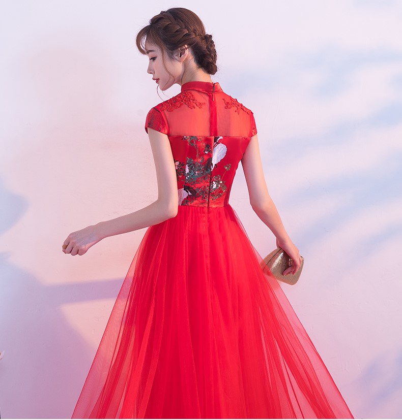 中国风红色蕾丝中式礼服，时尚古典仙鹤晚礼服