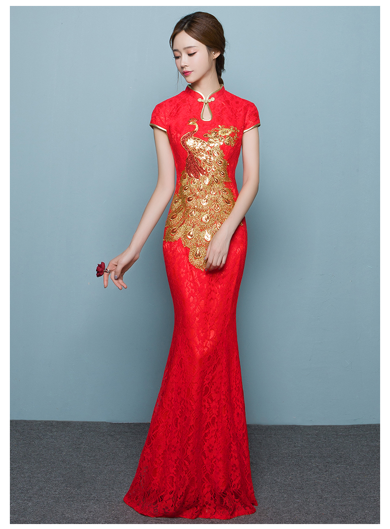 中国风鱼尾中式礼服，孔雀绣花晚礼服