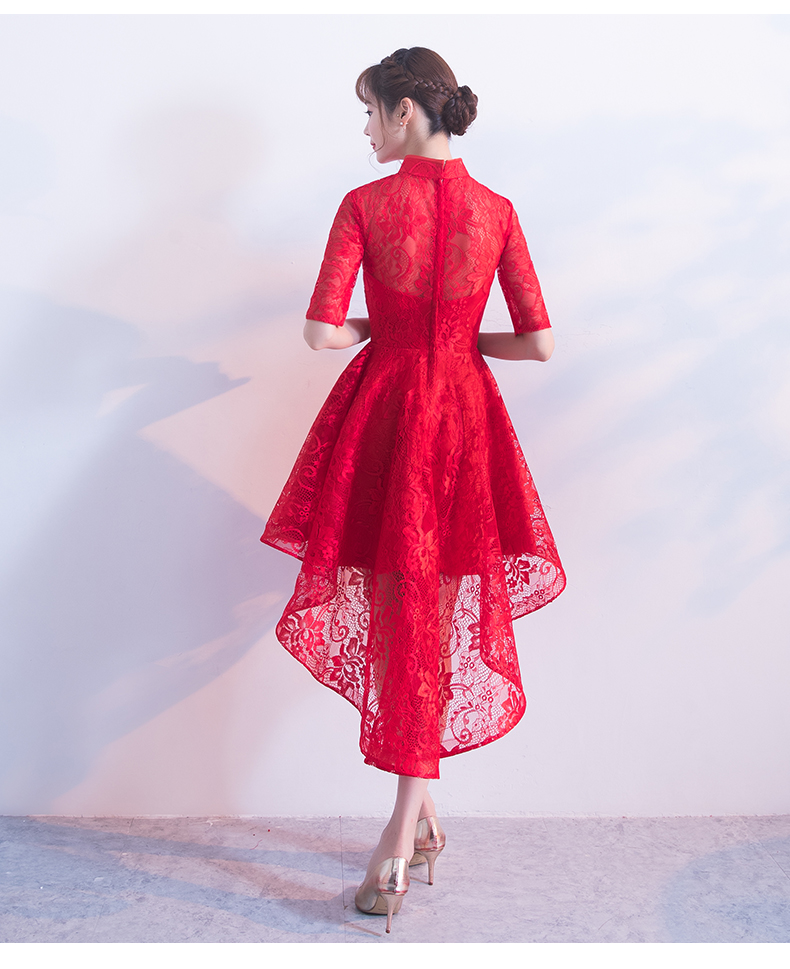 时尚蕾丝中式礼服，前长后短红色晚礼服