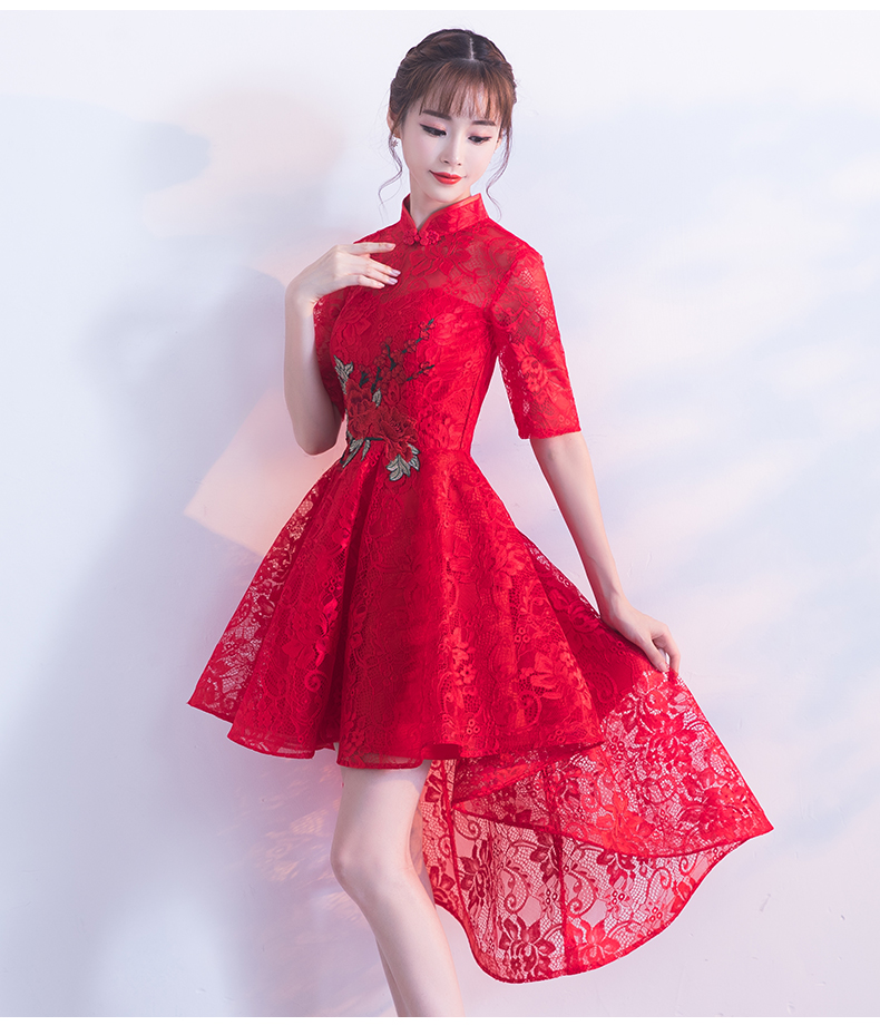 时尚蕾丝中式礼服，前长后短红色晚礼服