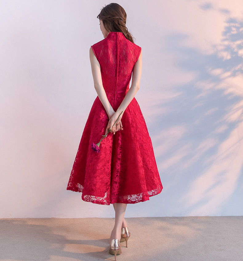时尚无袖中式礼服，红色蕾丝印花晚礼服