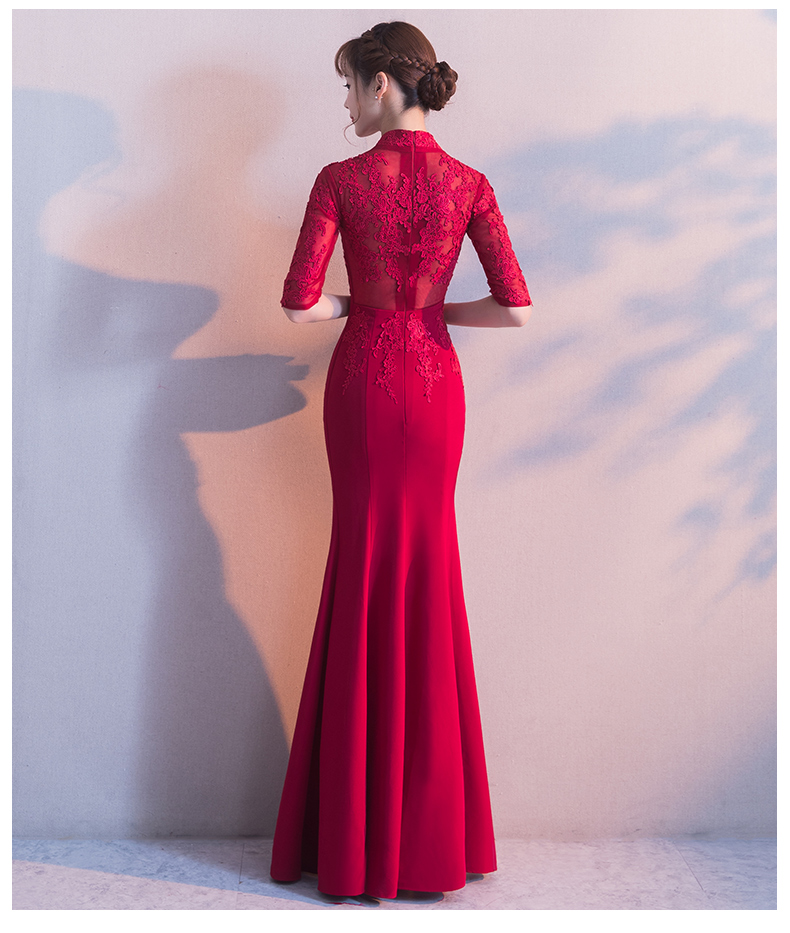 时尚中国风中式礼服，红色蕾丝花朵鱼尾晚礼服