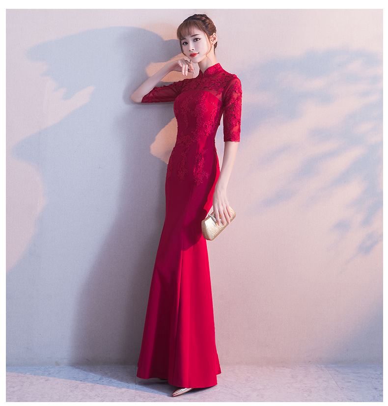 时尚中国风中式礼服，红色蕾丝花朵鱼尾晚礼服