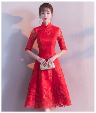 中袖立领中式礼服，复古中国风红色晚礼服