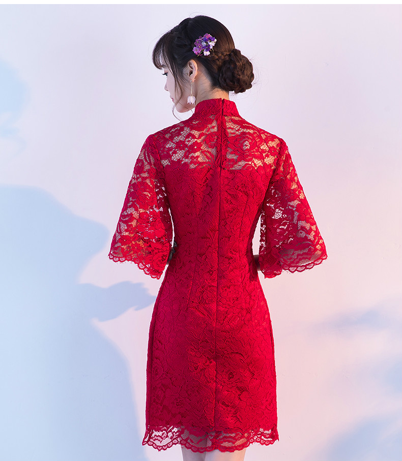 复古蕾丝敬酒服，红色花朵中式礼服