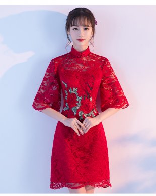 复古蕾丝敬酒服，红色花朵中式礼服
