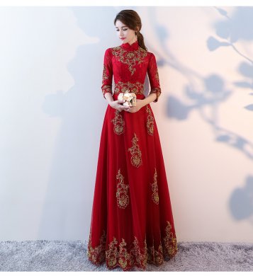 端庄典雅中式礼服，红色蕾丝长款晚礼服