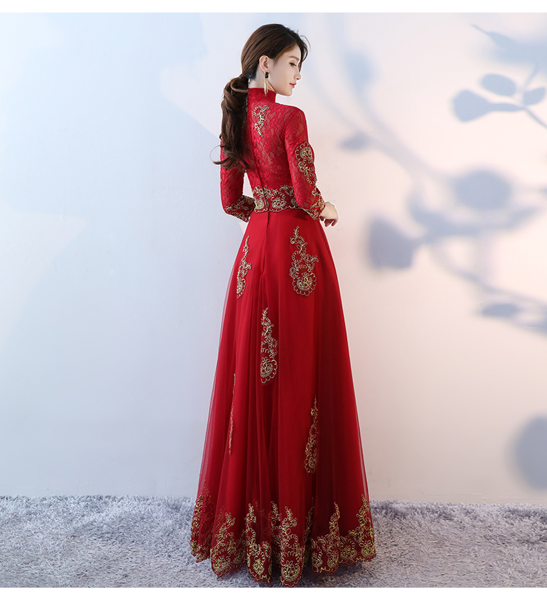 端庄典雅中式礼服，红色蕾丝长款晚礼服