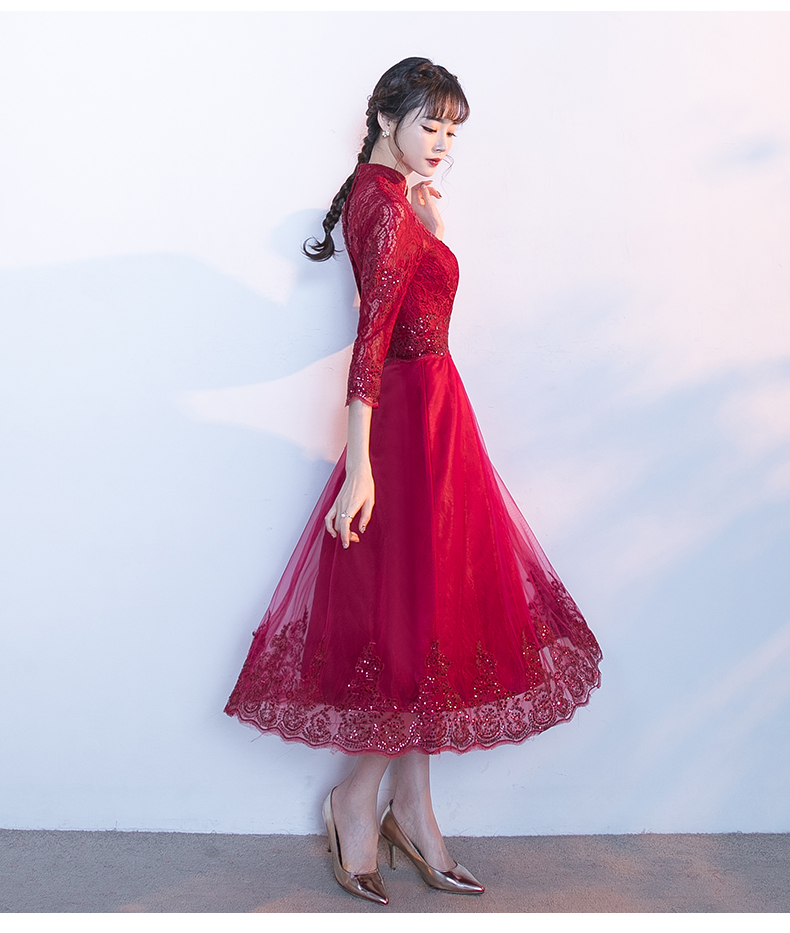 中国风红色中式礼服，长袖修身晚礼服