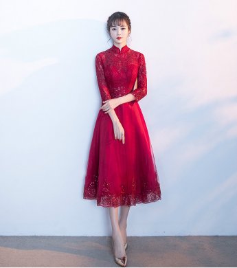 中国风红色中式礼服，长袖修身晚礼服
