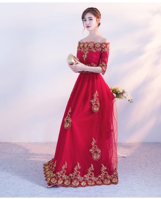 时尚一字肩中式礼服，红色复古蕾丝晚礼服