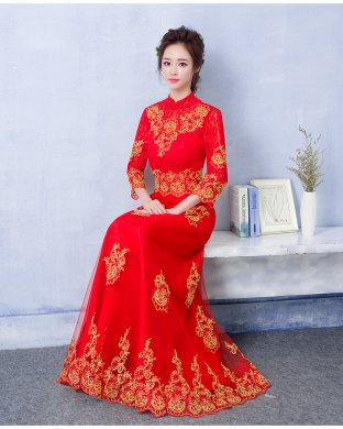 中国风蕾丝刺绣中式礼服，红色复古新娘晚礼服