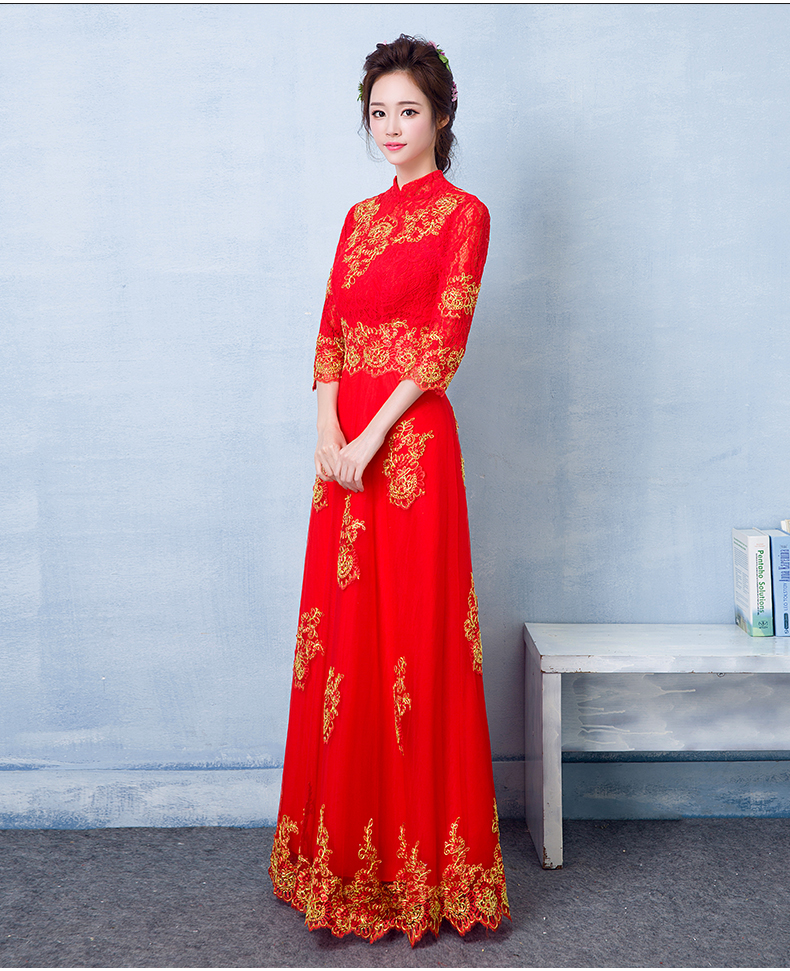 中国风蕾丝刺绣中式礼服，红色复古新娘晚礼服