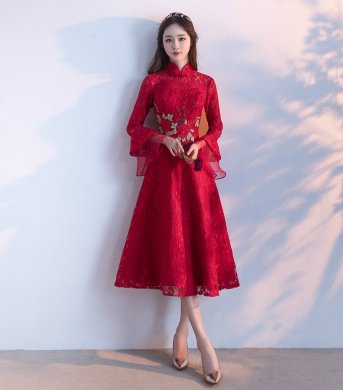 传统复古印花中式礼服，红色蕾丝新娘晚礼服