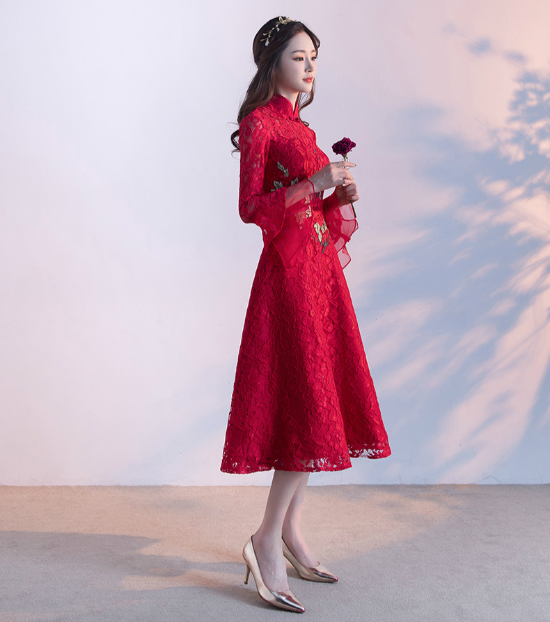 传统复古印花中式礼服，红色蕾丝新娘晚礼服