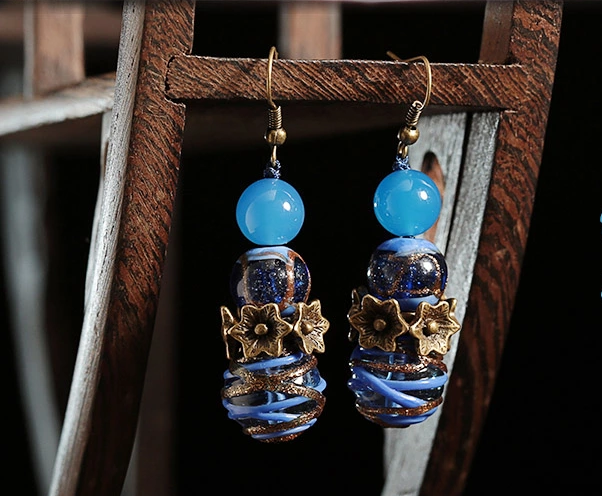 蓝色琉璃玛瑙首饰，时尚气质耳环