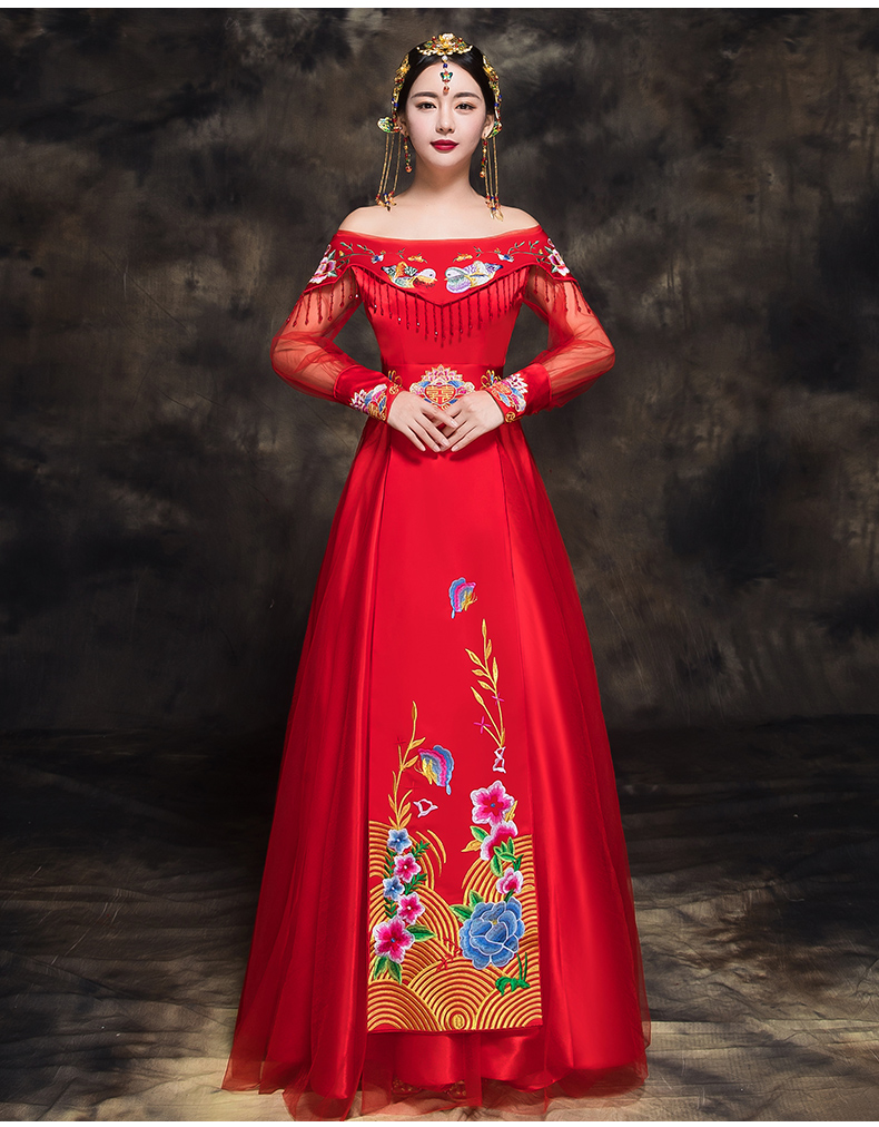 时尚中国风新娘礼服，一字肩中式结婚礼服