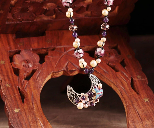 珍珠紫水晶项链，月牙吊坠锁骨链中国风首饰