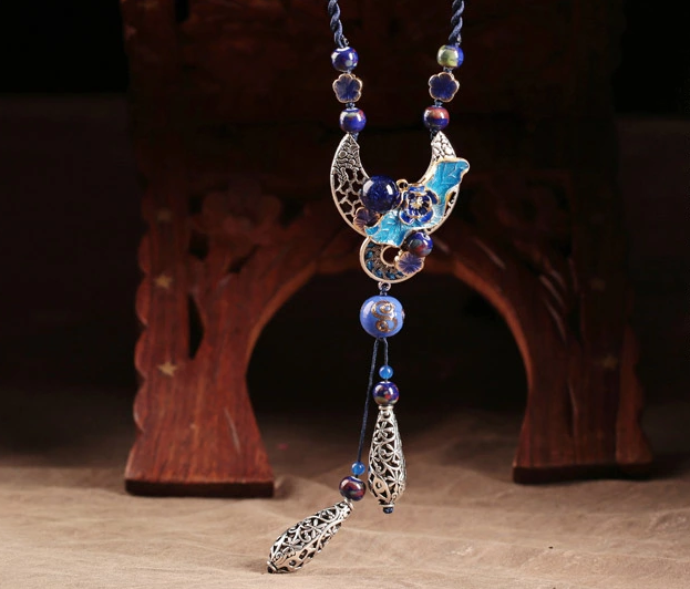 古典中国风毛衣链，复古风景泰蓝琉璃吊坠项链