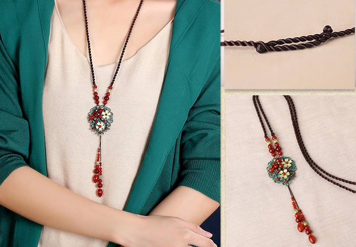 时尚中国风红色玛瑙镂空花朵吊坠项链毛衣链
