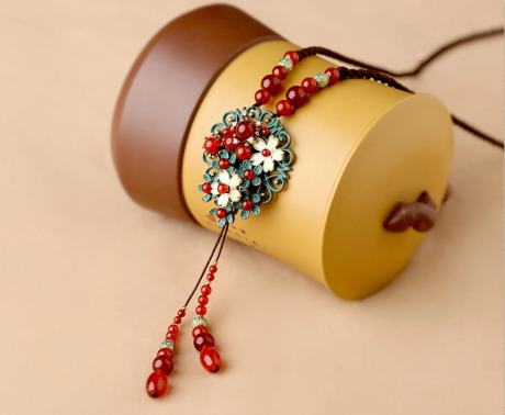 时尚中国风红色玛瑙镂空花朵吊坠项链毛衣链