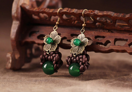 中国结绿色玛瑙花朵耳环首饰