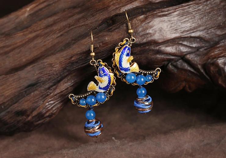 中国风古典耳环，景泰蓝鱼耳坠首饰