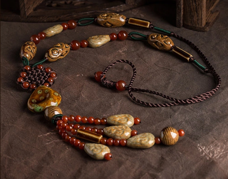 陶瓷红玛瑙民族风毛衣链长款项链首饰