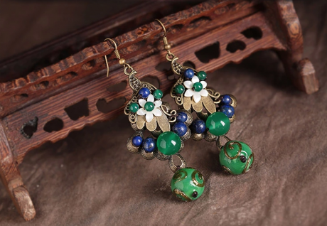 雀织锦屏复古中国风绿色孔雀琉璃耳环首饰