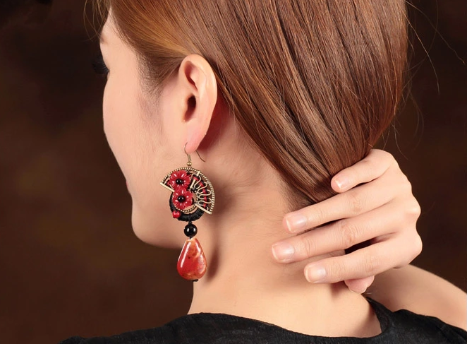 红花朵陶瓷中国风耳环首饰