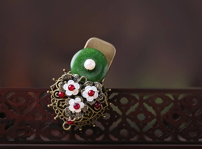 时尚中国风头饰，复古民族风绿彩玉扣发夹