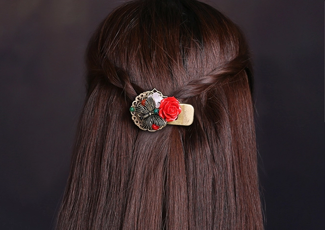 漆雕玫瑰复古盘发头饰，金属鸭嘴夹发夹