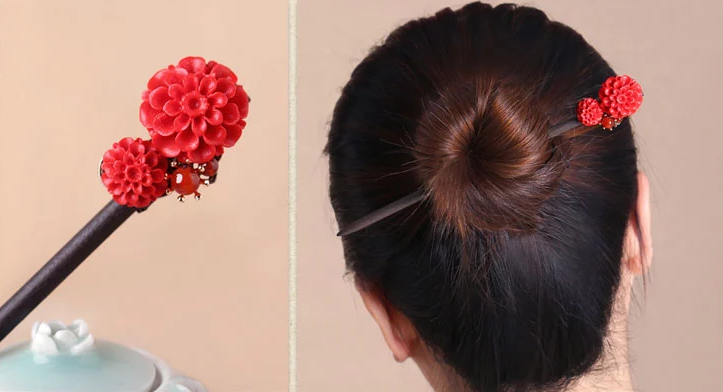 中国风漆雕花朵民族风红色簪子新娘头饰