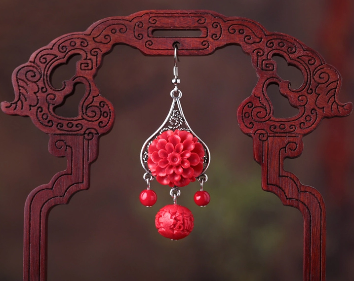 复古红色花朵新娘耳环首饰