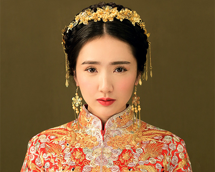 中式新娘步摇头饰，金色古装发饰套装