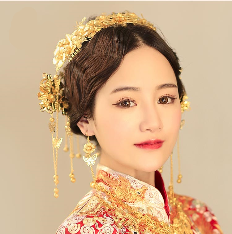 中式新娘精美头饰，金色发饰套装步摇凤冠