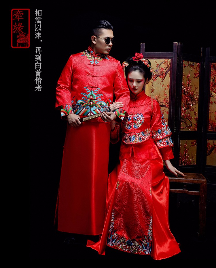 中国古典元素刺绣新娘礼服，敬酒服长袖春装