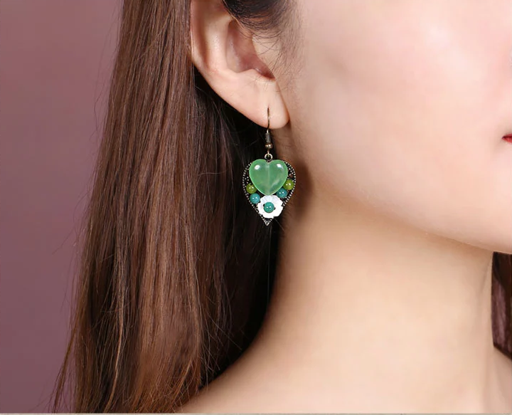 中国风复古气质首饰树叶吊坠绿色彩玉耳环