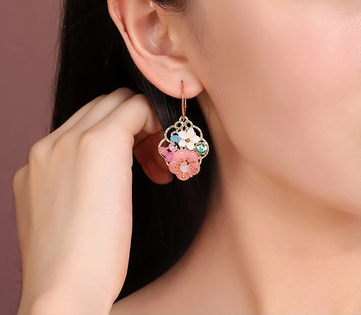 中国风甜美少女粉色花朵气质耳环