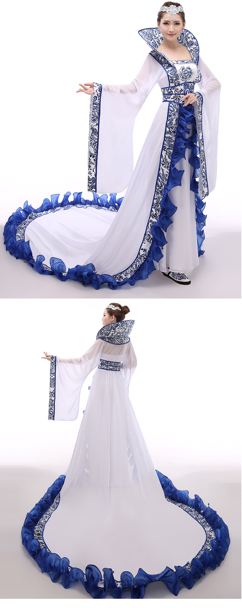 复古青花瓷汉服牡丹印花中式礼服古装美人图片