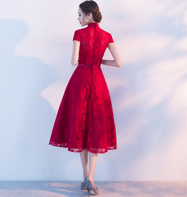夏季酒红色立领旗袍中式结婚礼服