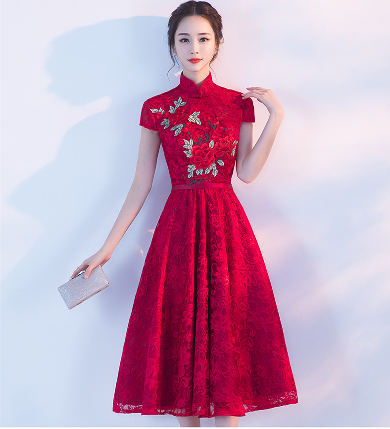 夏季酒红色立领旗袍中式结婚礼服