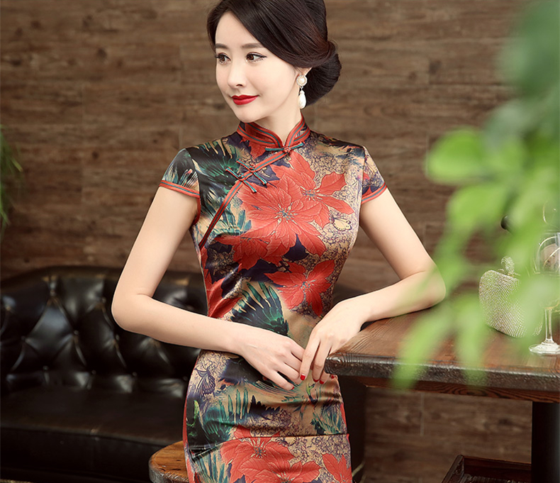 中式旗袍印花桑蚕丝礼服
