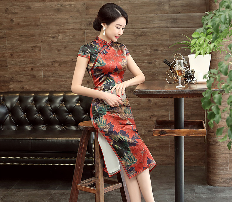 中式旗袍印花桑蚕丝礼服