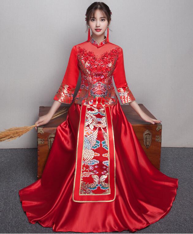 中式立领盘扣中国红锦缎中式礼服