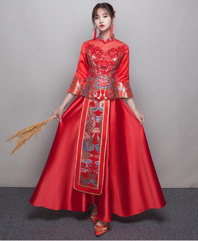 中式立领盘扣中国红锦缎中式礼服