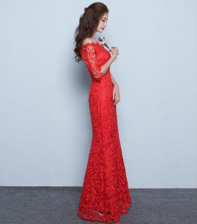 夏季性感鱼尾长款红色结婚中式礼服